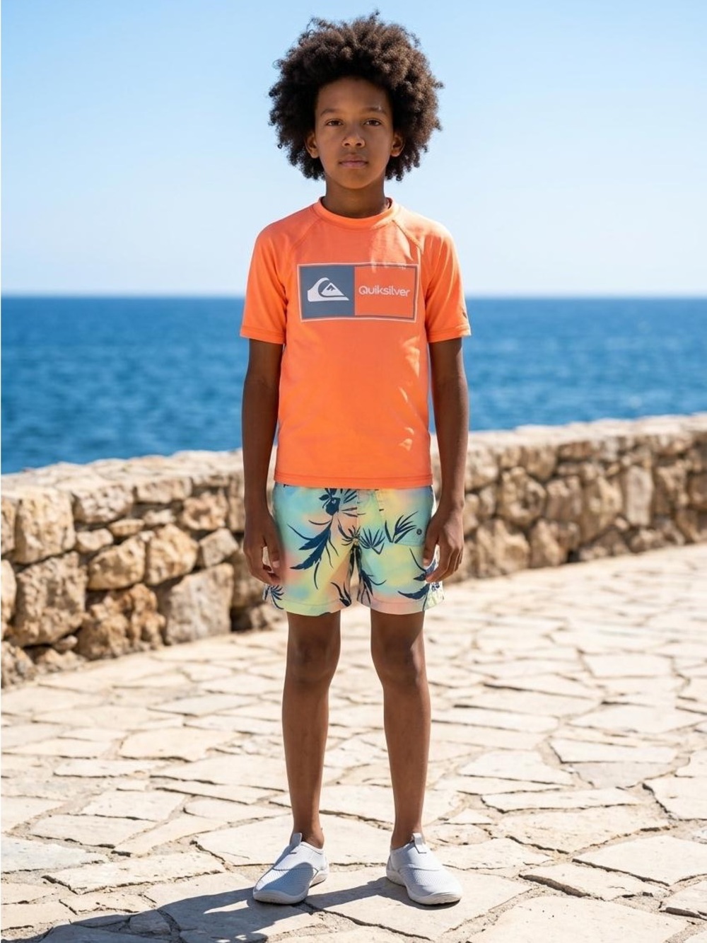 Quiksilver Kids Orange Short-Sleeve Rashguard with Logo Panel
